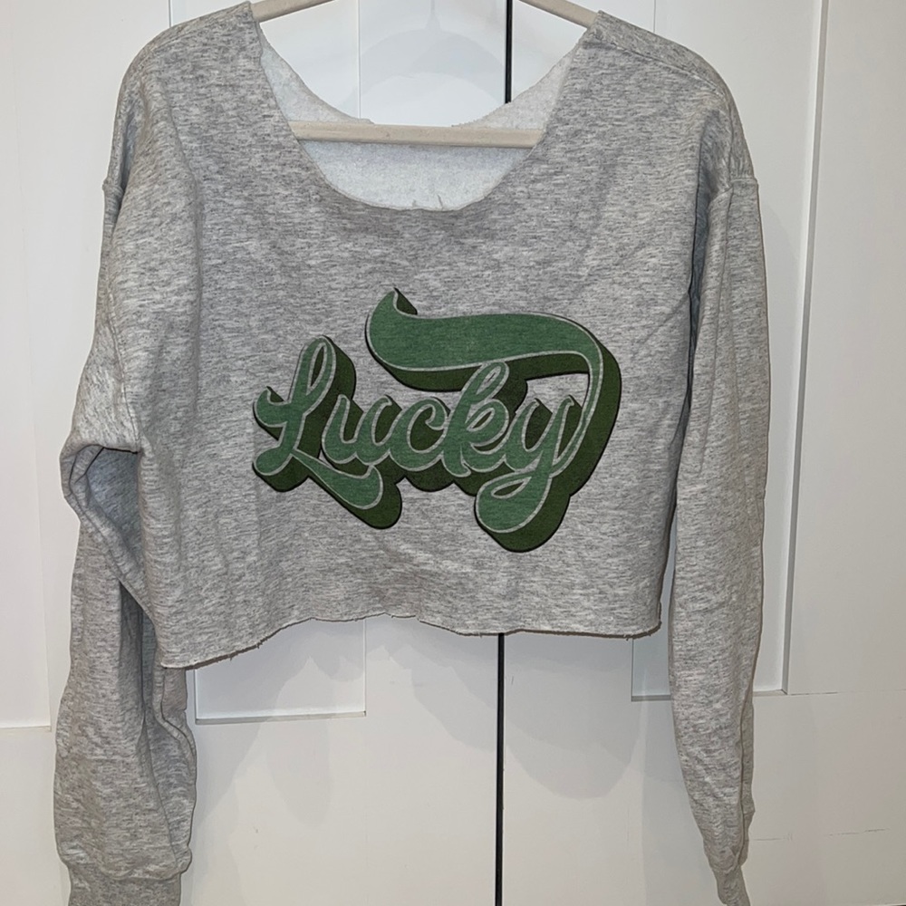 Wide Neckline and Cropped Grey “Lucky” Sweatshirt